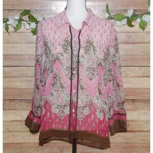 Pretty Emma James Paisley Print Pink Brown Sheer Blouse Size 16 Career Church